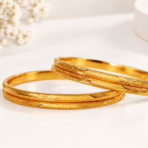 Gold Tone Engraved Bangle Diamond Cut Leaf Motif with Fine Textured Finish for Weddings and Daily Wear - 4 Pcs Set