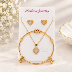 Gold Tone Crystal Heart Jewelry Set for Women – Necklace, Earrings & Bracelet