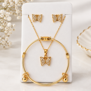 Gold Tone Butterfly Jewelry Set for Women – Crystal Necklace, Hoop Bracelet & Earrings