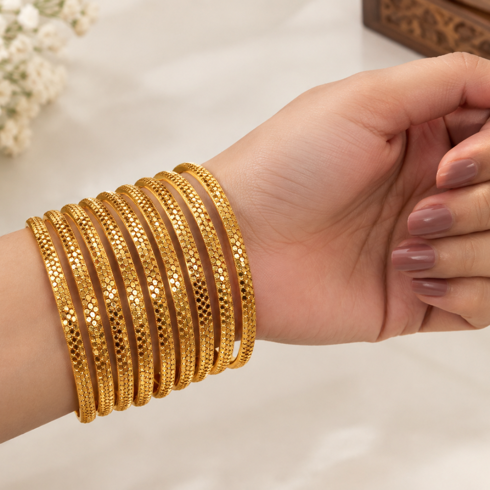 Premium Look Gold Tone Textured Bangles Set for Women Elegant Patterned Churi for Any Occasion - 8 Pcs Set - Image 2