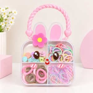 Baby Girl Hair Styling Kit Colorful Hair Bands, Rubber Ties & Cute Hair Accessories with Storage Box