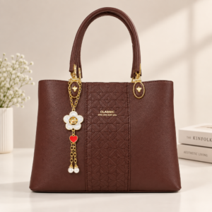 Luxury Brown Leather Handbag for Women Premium Structured Bag with Gold Tone Hardware & Decorative Charm