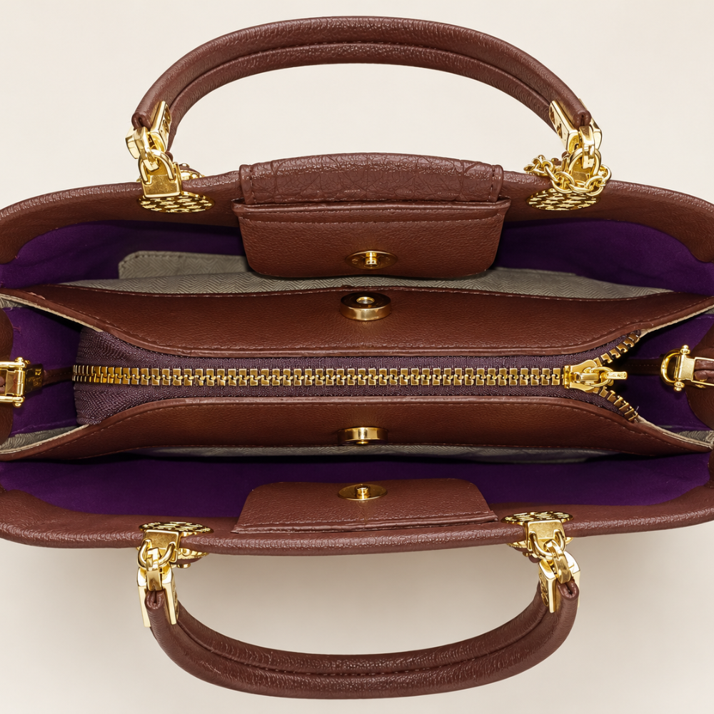 Luxury Brown Leather Handbag for Women Premium Structured Bag with Gold Tone Hardware & Decorative Charm - Image 2