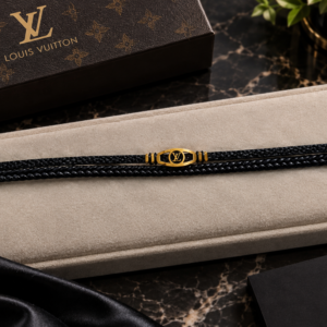 Louis Vuitton Double Layer Black Leather Bracelet with Signature Gold Centerpiece