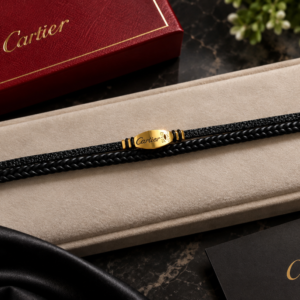 Authentic Cartier Double Layer Black Leather Bracelet with Gold Clasp