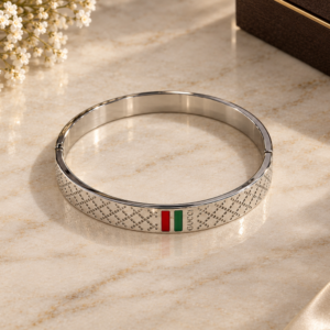 Gucci Men’s Premium Stainless Steel Bracelet Round Engraved Design with Italian Tricolor Accent